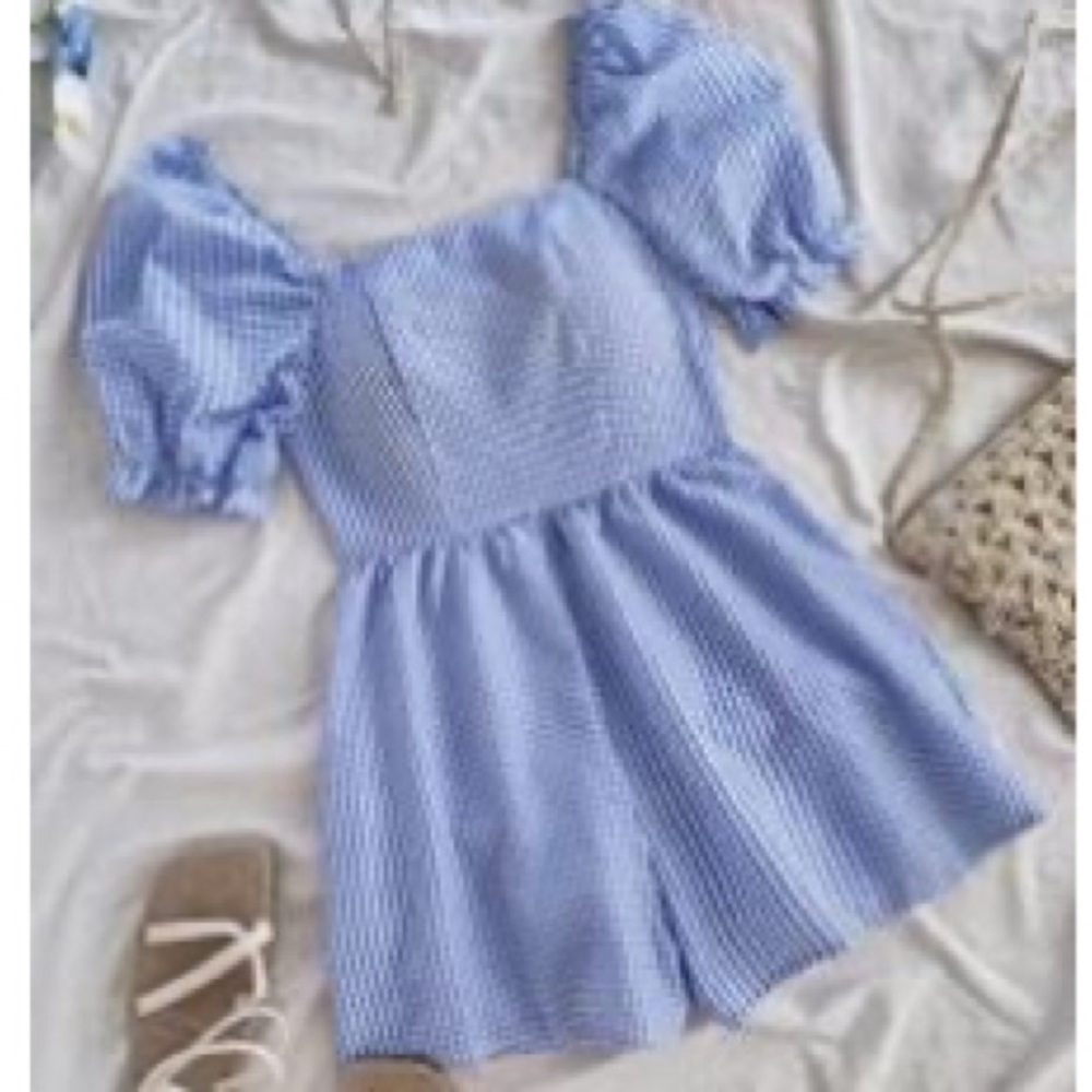 Blue Gingham Puff Sleeve Romper with square neck